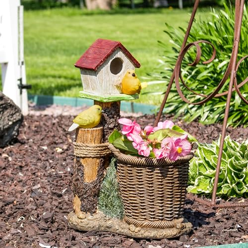 Sunnydaze Polyresin Bird House Outdoor Statue Planter with Solar LED Lighted Birds - 17.25-Inch