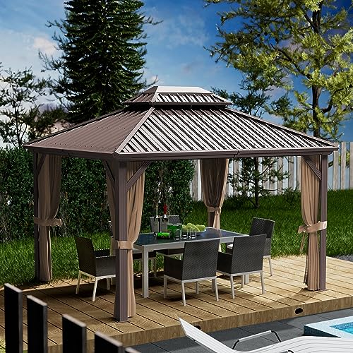 Kozyard Caesar 10'x12' Hardtop Gazebo - Permanent Metal Pavilion with Netting and Shaded Curtains for Patio, Backyard, and Deck - Galvanized Steel Outdoor Aluminum Canopy, Double Roof Gazebo (Brown)