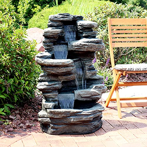 Sunnydaze Stacked Shale Rock 38-Inch Waterfall Fountain with LED Lights - Electric Submersible Pump