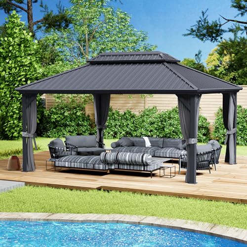 Kozyard Caesar 12'x16' Hardtop Gazebo - Permanent Metal Pavilion with Netting and Shaded Curtains for Patio, Backyard Deck - Galvanized Steel Outdoor Aluminum Canopy, Double Roof Gazebo (Grey)