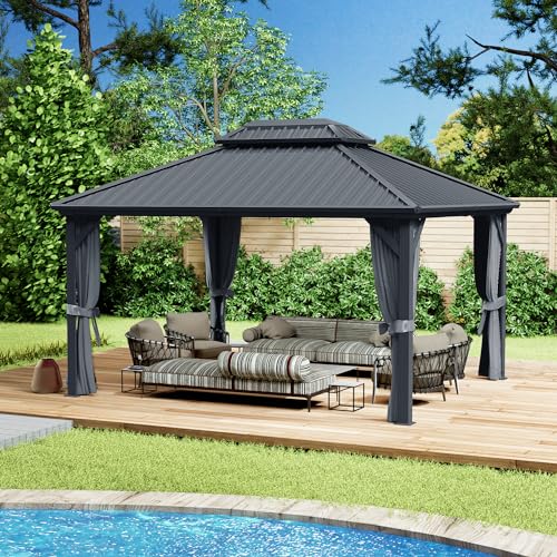 Kozyard Caesar 12'x16' Hardtop Gazebo - Permanent Metal Pavilion with Netting and Shaded Curtains for Patio, Backyard, and Deck - Galvanized Steel Outdoor Aluminum Canopy, Double Roof Gazebo (Grey)