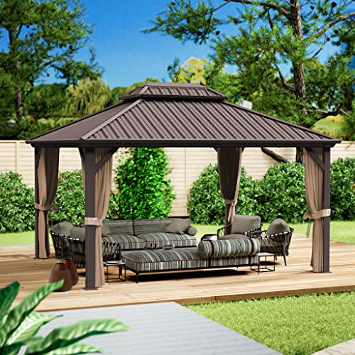 Kozyard Caesar 12'x14' Hardtop Gazebo - Permanent Metal Pavilion with Netting and Shaded Curtains for Patio, Backyard, and Deck - Galvanized Steel Outdoor Aluminum Canopy, Double Roof Gazebo (Brown)