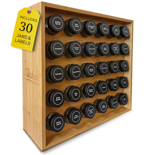 Kitchen Affections | Bamboo Spice Rack Organizer | 30 4 oz Spice Jars | 720 Labels | Funnel | Cabinet | Countertop | Pantry | Wall Mount - Best Spice Racks
