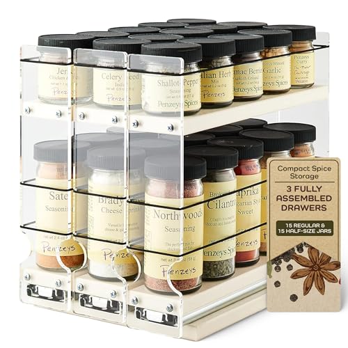 Vertical Spice Cabinet Mounted Spice Rack Organizer - 3 Drawers,15 Reg. & 30 Half Sized Spice Jars - Pantry Organizers & Storage - Pullout Shelf for Kitchen Cupboard - Best Spice Racks
